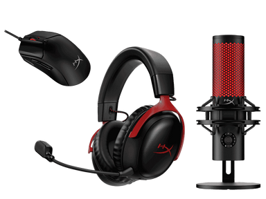 Audífonos HyperX Cloud III Inalámbrico (Negro- Rojo) + Micrófono HyperX QuadCast 2 - USB (negro) + Mouse gaming HyperX Pulsefire Haste 2 (Negro)