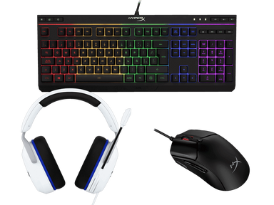 Auriculares gaming HyperX Cloud Stinger 2 Core PS (Blanco) + Mouse gaming HyperX Pulsefire Haste 2 (Negro) + Teclado para juegos HyperX Alloy Core RGB