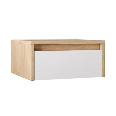 Caja de seguridad, mesa de luz flotante con cajón oculto y cerradura, Madera Natural frente Blanco