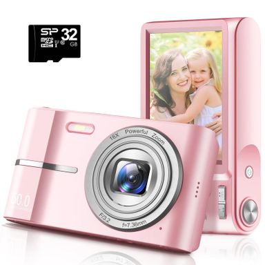 Cámara digital Qumcou Upgrade 50MP FHD 1080P 16x Zoom Rosa