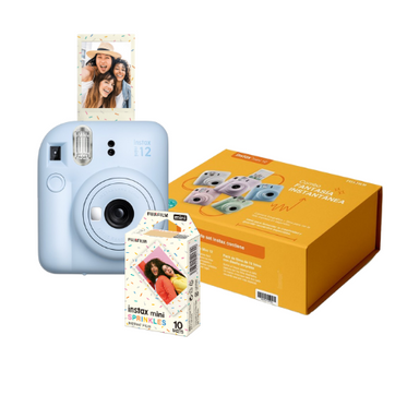 Cámara Instax Mini 12 Azul + Rollo Deco Sprinkles 10 fotos en caja exclusiva