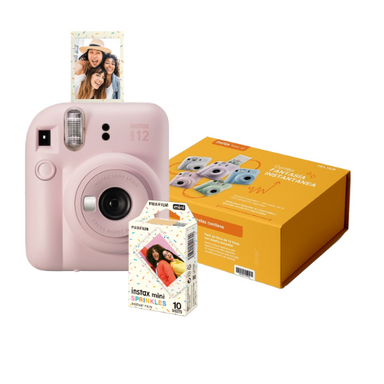 Cámara Instax Mini 12 Rosa + Rollo Deco Sprinkles 10 fotos en caja exclusiva