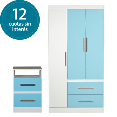 Combo Reforzado Placard Ropero y Mesa de Luz Estilo Moderno Maximo Fortaleza Infantil Celeste