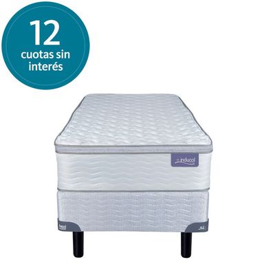 Conjunto Sommier y Colchon de Resorte Bonell Inducol April Blanco 1 Plaza y Media 90x190x24cm Con Marco Perimetral y Estabilizadores Laterales de Acero Con Pillow Tela Jackard Matelasseado