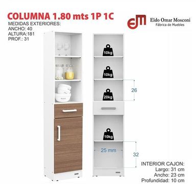 DESPENSERO MOSCONI ORGANIZADOR 180 CM PUERTA CAJÓN Y ESTANTES 10200 COLOR BLANCO FRENTE CARVALHO MEZZO