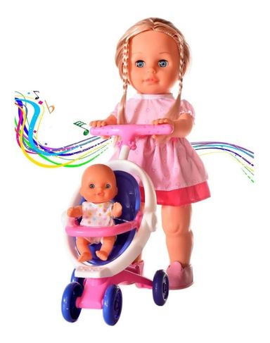 Muñeca Sofi Camina Y Canta C/ Hermana Bebe Cochecito Lalelu