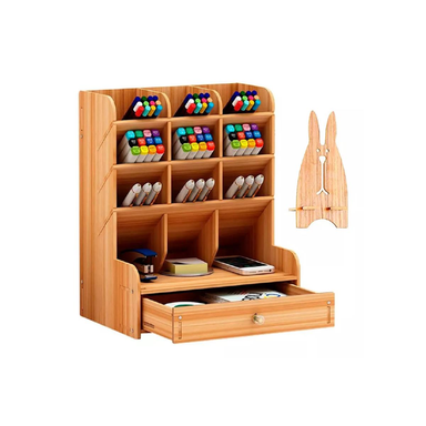 Organizador De Escritorio Porta Lapices de Bamboo Con Cajon Waggs