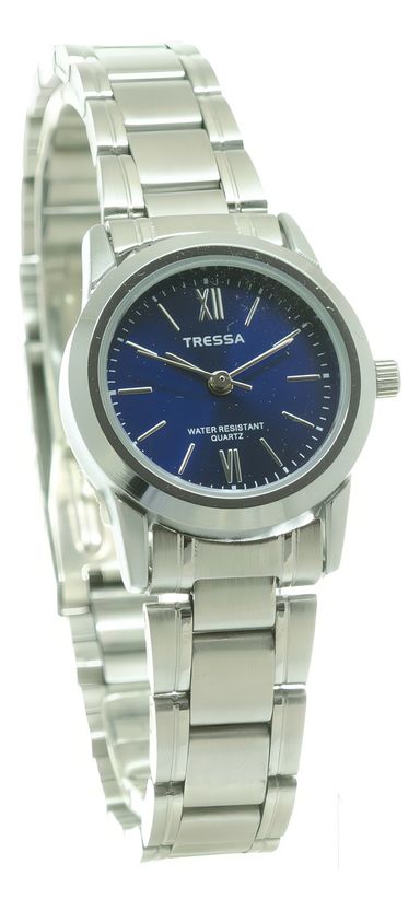 Reloj Tressa Dama Clásico Malla Plateado Bisel Plateado Fondo Azul Floripa