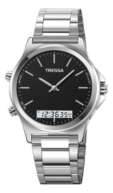 Reloj Tressa Hombre Analógico Digital Malla Plateado Bisel Plateado Fondo Negro