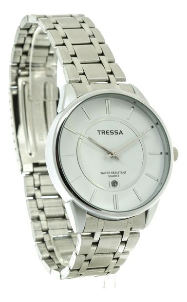 Reloj Tressa Hombre Calendario !!. Malla Plateado Bisel Plateado Fondo Blanco 01