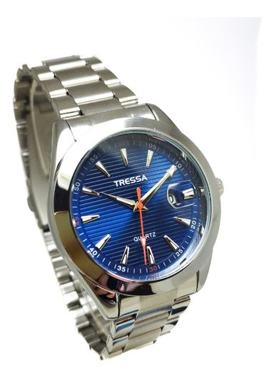 Reloj Tressa Hombre Con Calendario Colores Malla Plateado Bisel Plateado Fondo Azul
