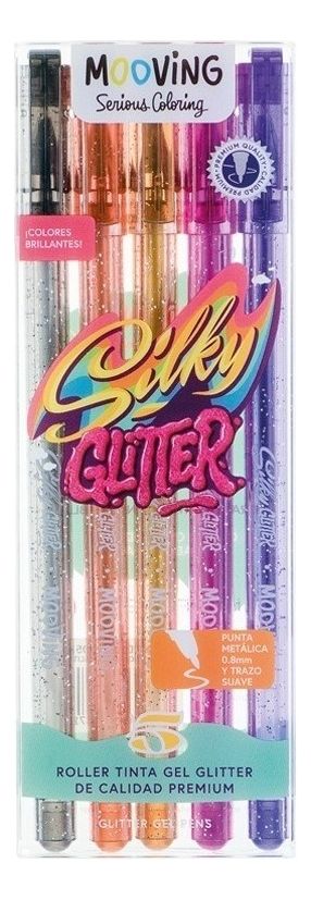 Lapiceras Roller Mooving Tinta Gel Silky X5 Colores Glitter