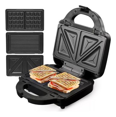 Sandwichera 3 En 1 Suono Waflera Antiadherente Acero Inox Color Negro
