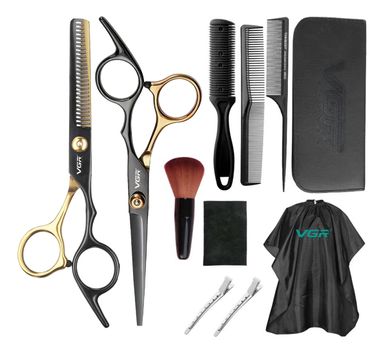 Set De Tijeras Peluquería Vgr 11pcs Acero Inoxidable Estuche 6,69 pulgadas Color Negro y dorado
