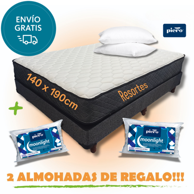 Sommier y Colchon Piero Resortes Continuos 2 plazas (140 x 190cm)  